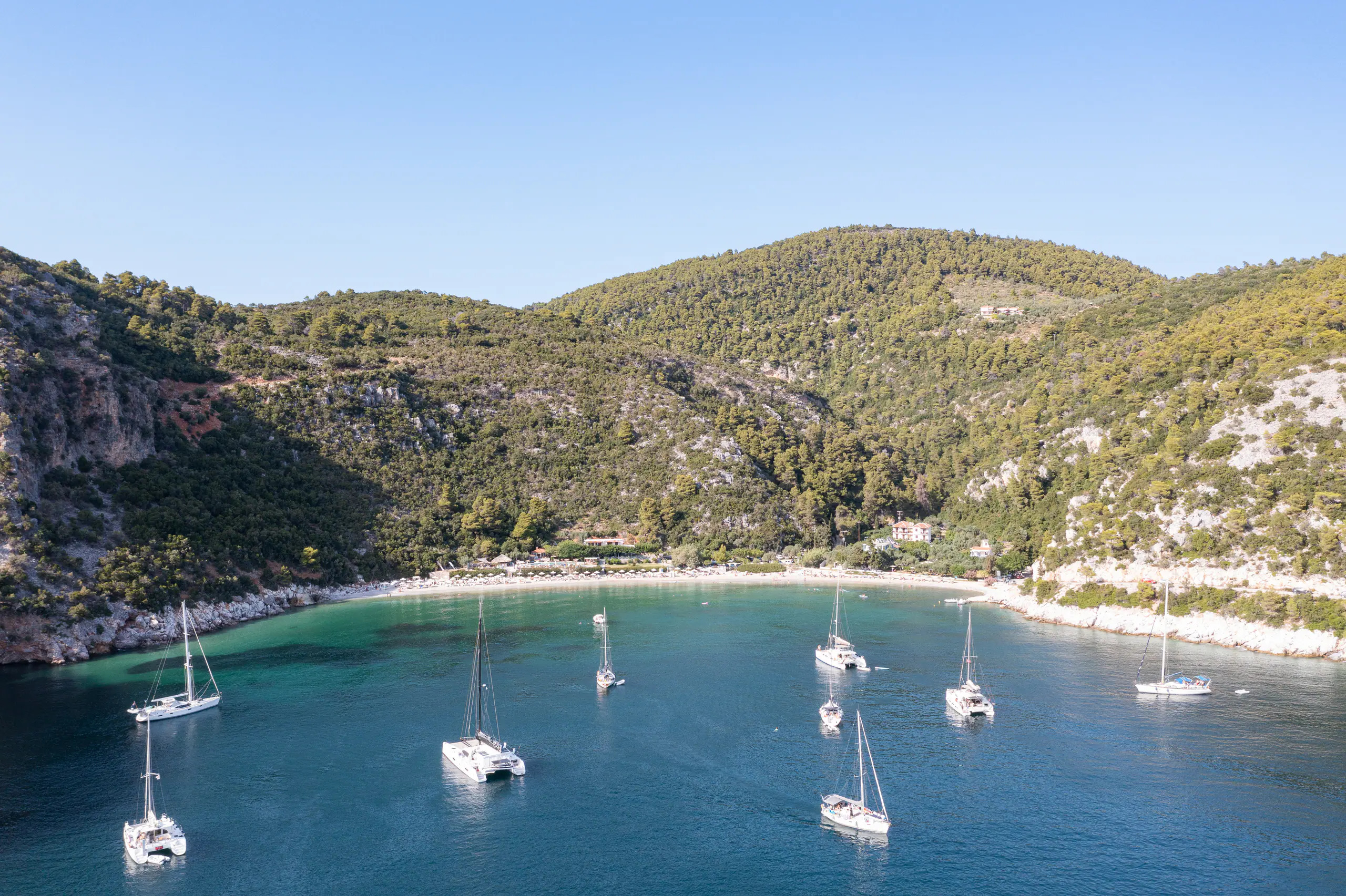 Yachts at anchor in a pine-covered bay on Skopelos in the Aegean